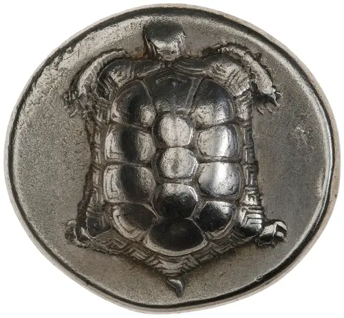 甲羅を正面に見せる海亀を刻んだアイギナのスタテル銀貨の表面