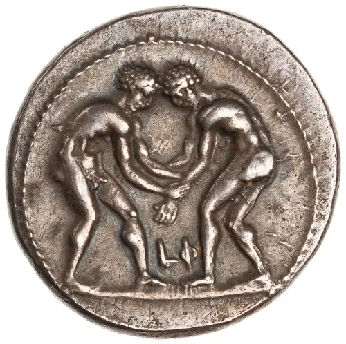 Aspendos Stater (Wrestlers and Slinger type) の表面（American Numismatic Society (1968.57.128)）