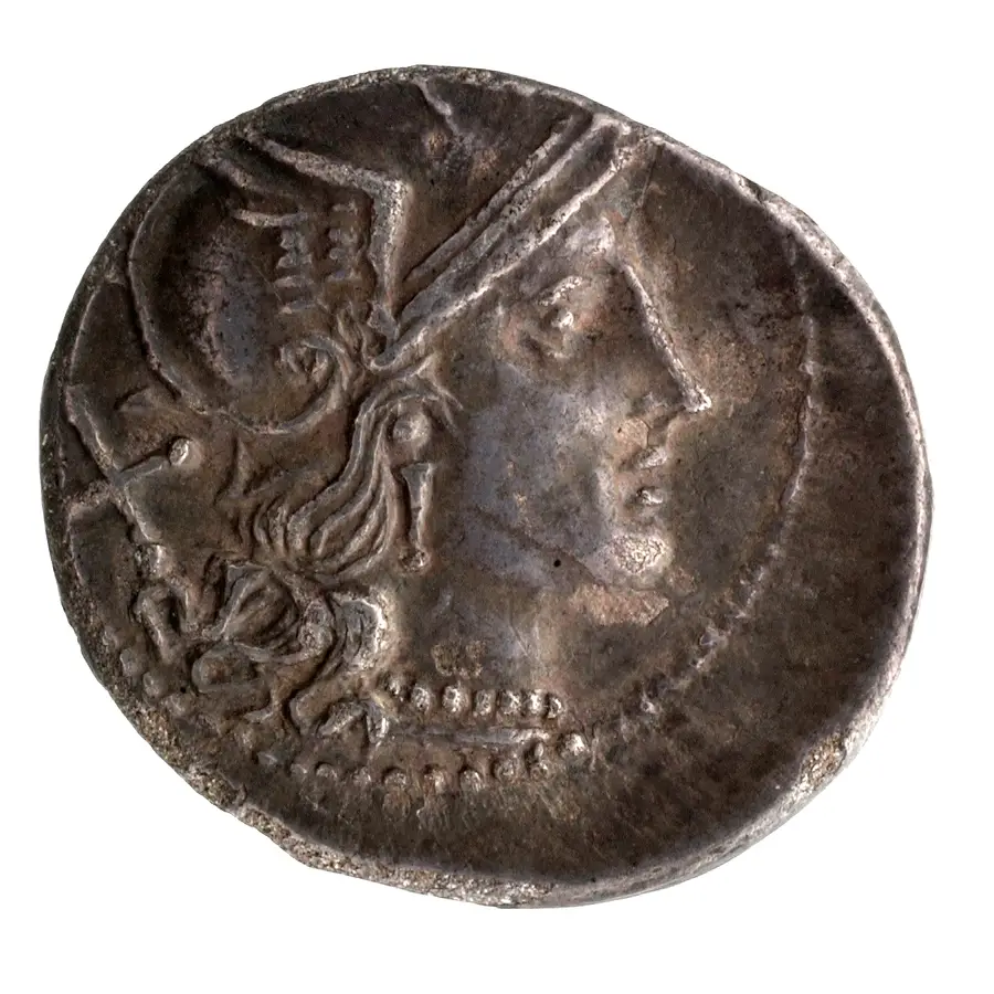 女神ローマの右向き頭像。背後に額面記号Xが刻まれている