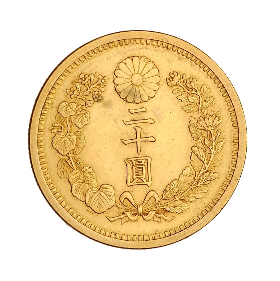 新20円金貨の菊花紋の面。上に菊花紋章、中央に「二十圓」、左右に桐と菊の枝