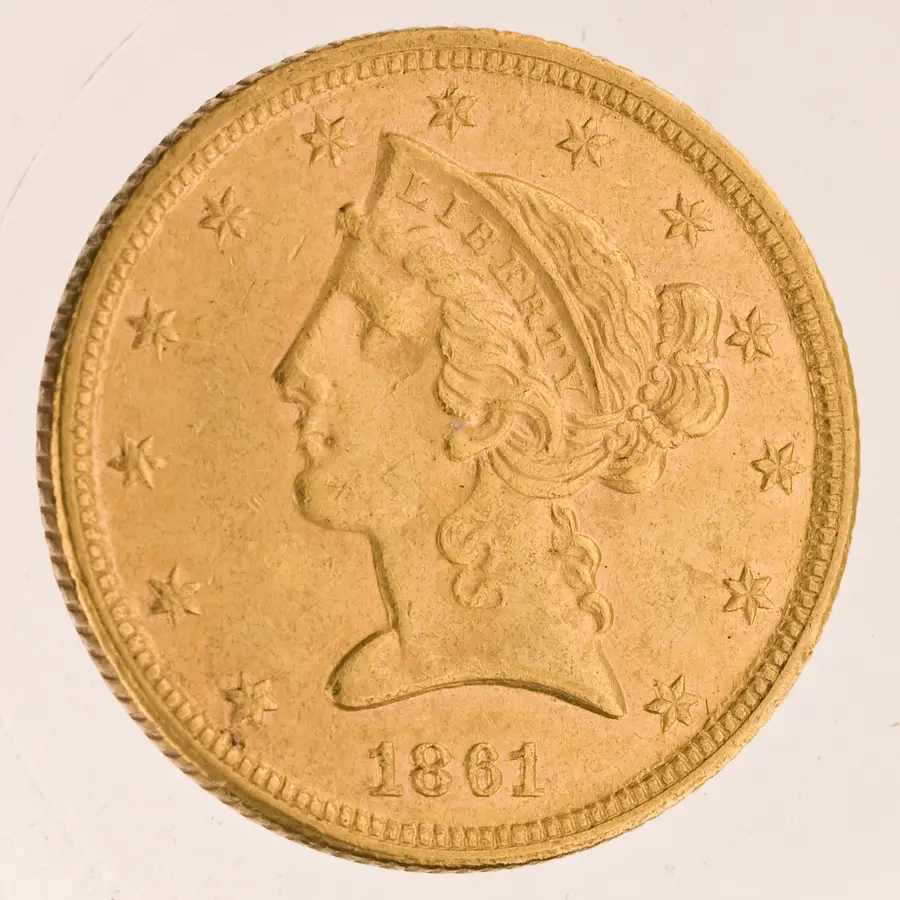 Liberty Head Half Eagle ($5 gold coin), also called Coronet Head Half Eagle の表面（オブバース）