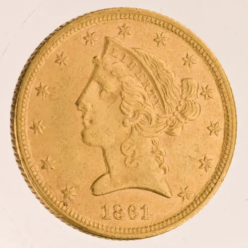 Liberty Head Half Eagle ($5 gold coin), also called Coronet Head Half Eagle の表面（American Numismatic Society (1960.166.104)）