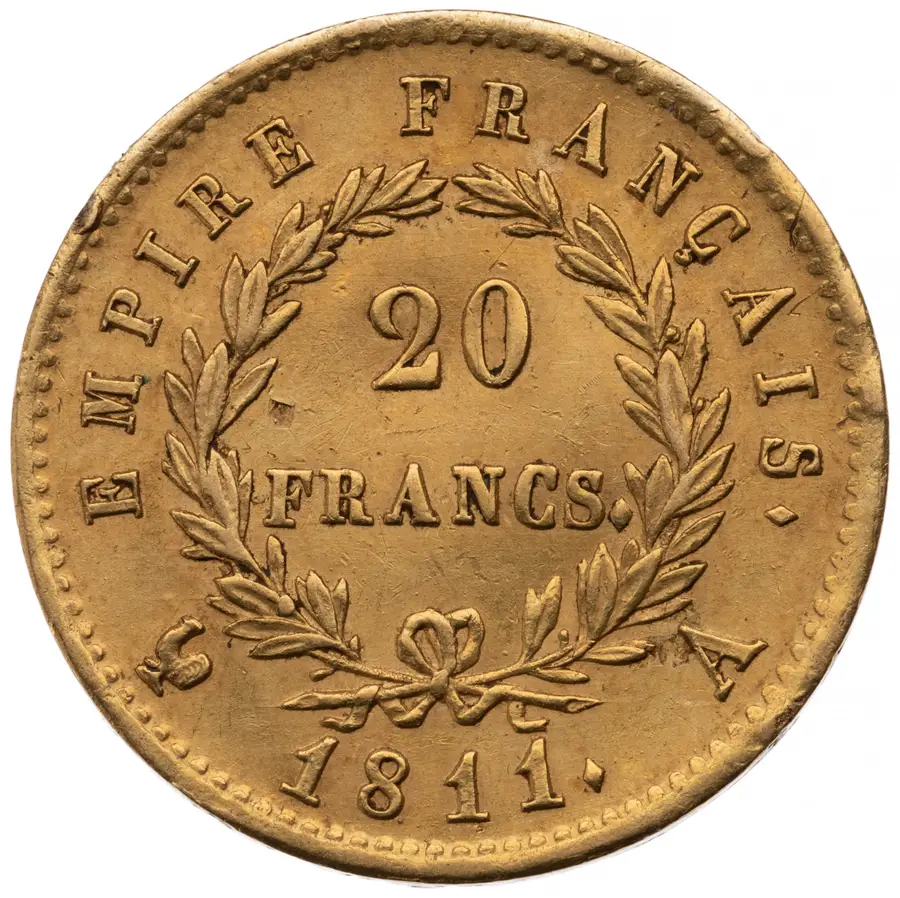 花輪の中に額面20 FRANCSを記した裏面