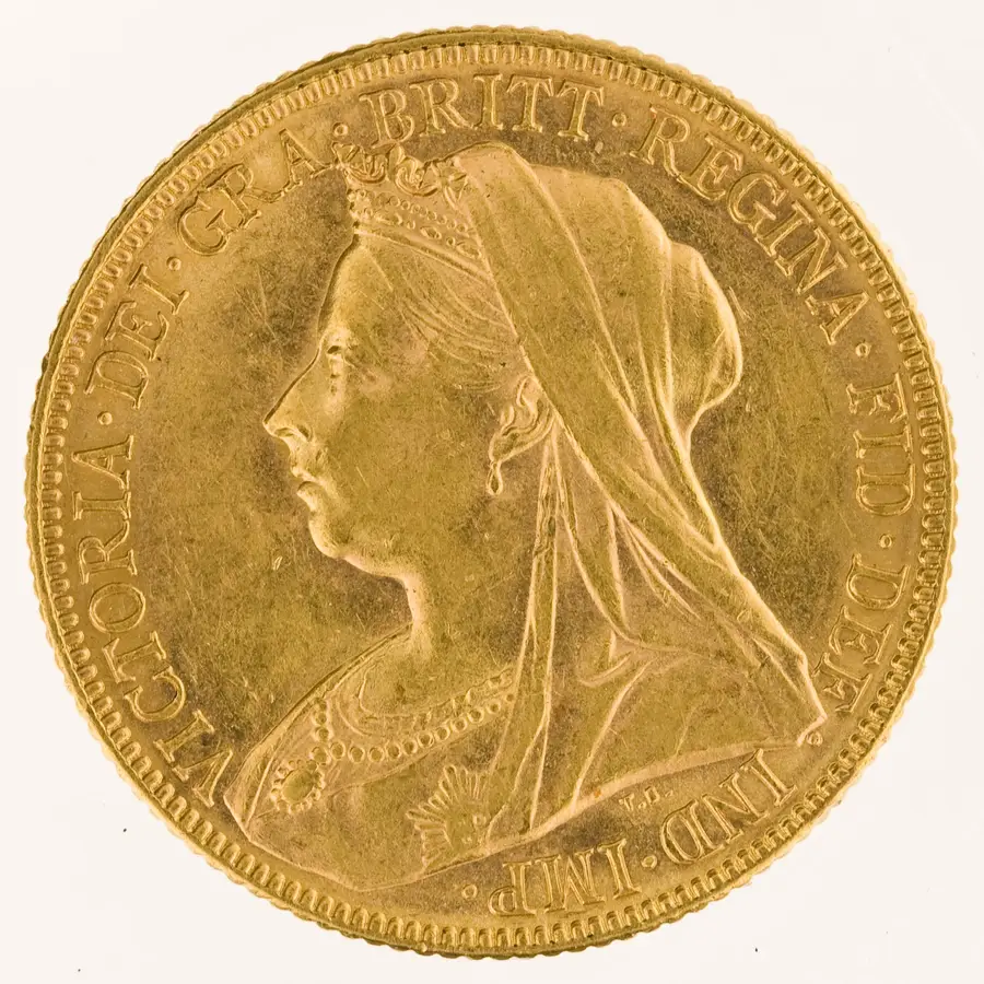 ソブリン金貨の表面。ヴェールをまとったヴィクトリア女王の肖像