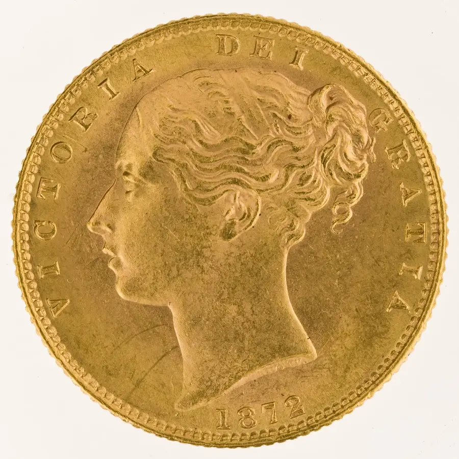 ソブリン金貨の表面。ヤングヘッドのヴィクトリア女王の肖像