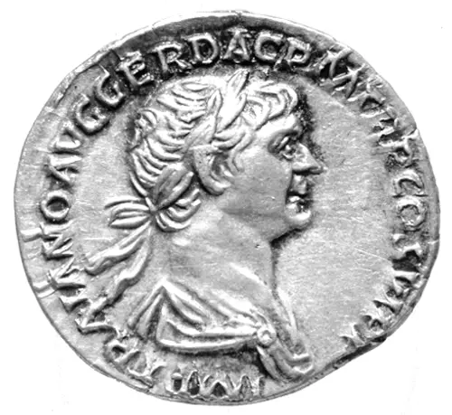 Trajan Denarius (Roman Imperial Silver Coin, Empire at Maximum Extent) の表面（American Numismatic Society (1948.19.1157)）