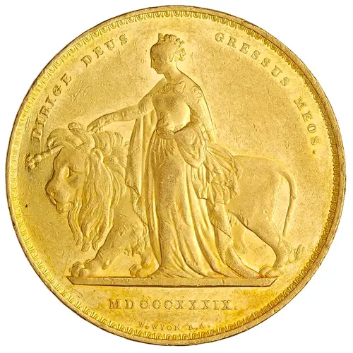 ウナとライオン金貨の裏面。ウナに擬されたヴィクトリア女王がライオンを導く図像