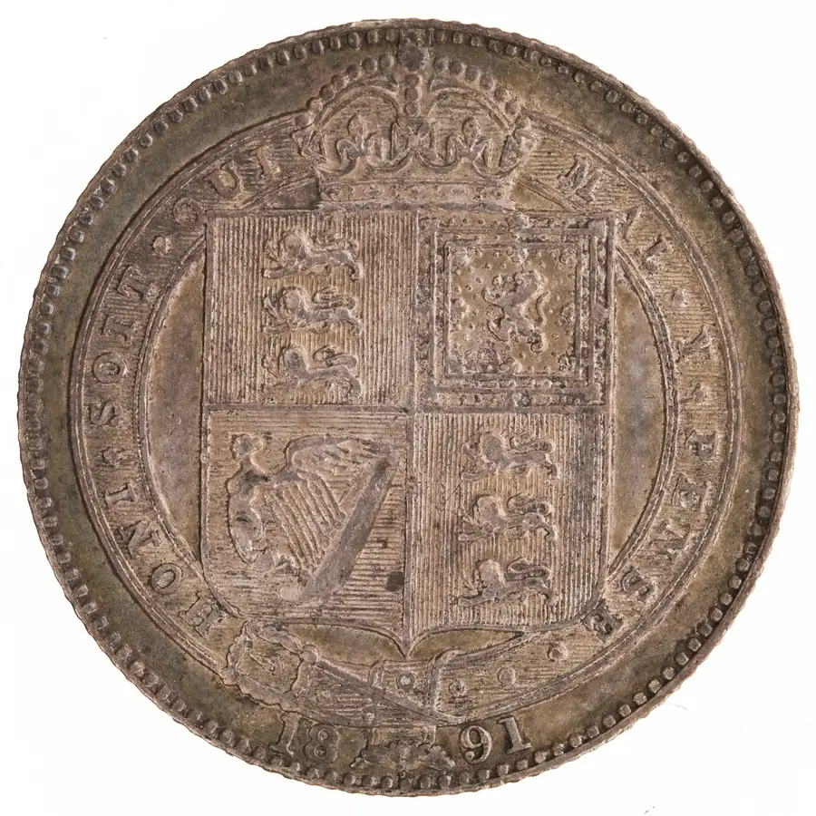 Victoria Shilling (British Silver Coin, 19th Century) の裏面（リバース）
